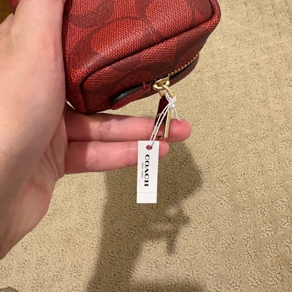 Coach Red Signature Compact Coin Case with Gold Logo - Picture 4 of 5